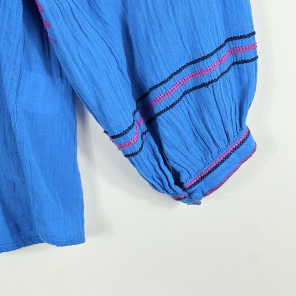 Maeve Bright Blue Native Cross Stitch Boho Peasant Western Shirt Top‎ Womens XS - Picture 4 of 8